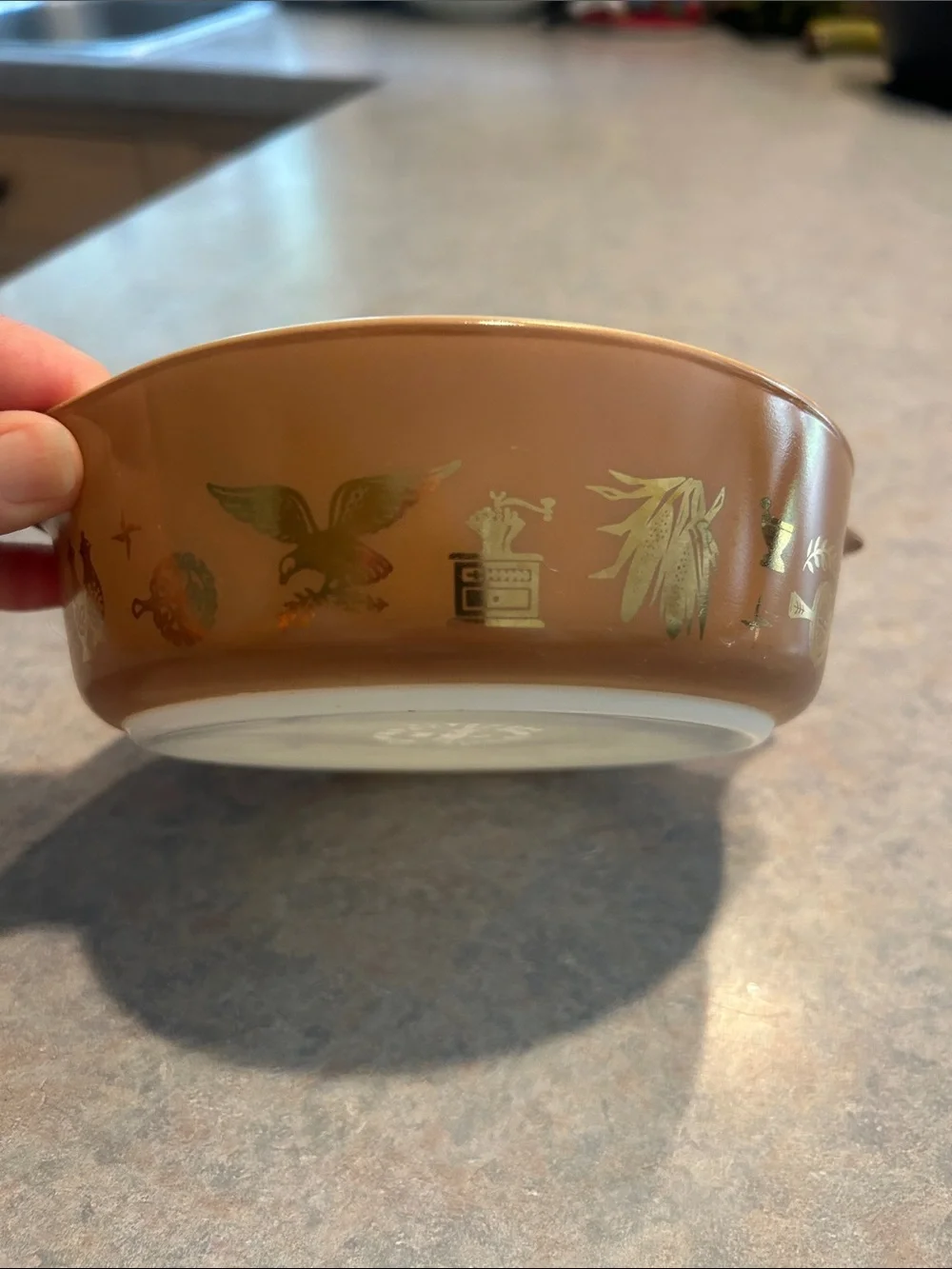 Vintage Pyrex Brown Gold-Accent Casserole with Clear Glass Lid. Early American